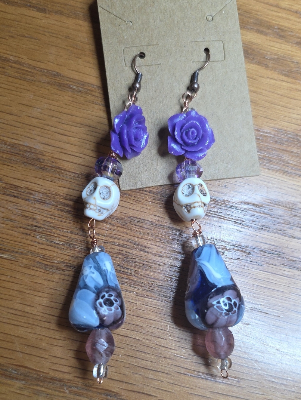 Handcrafted Purple Floral Skull Drop Earrings